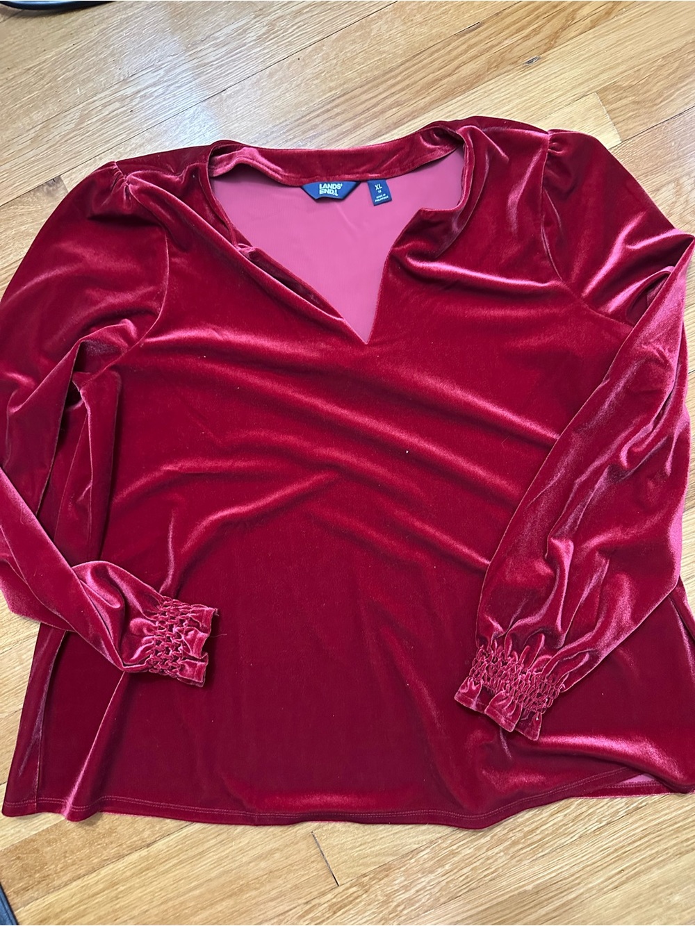Lands' End Women's Velvet V-Neck Long-Sleeve Top in Deep Red Size XL